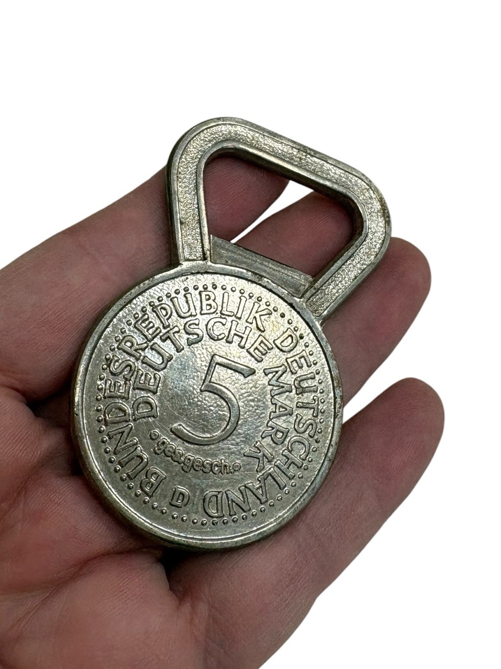 Vintage German 5 Deutsche Mark Coin Bottle Opener